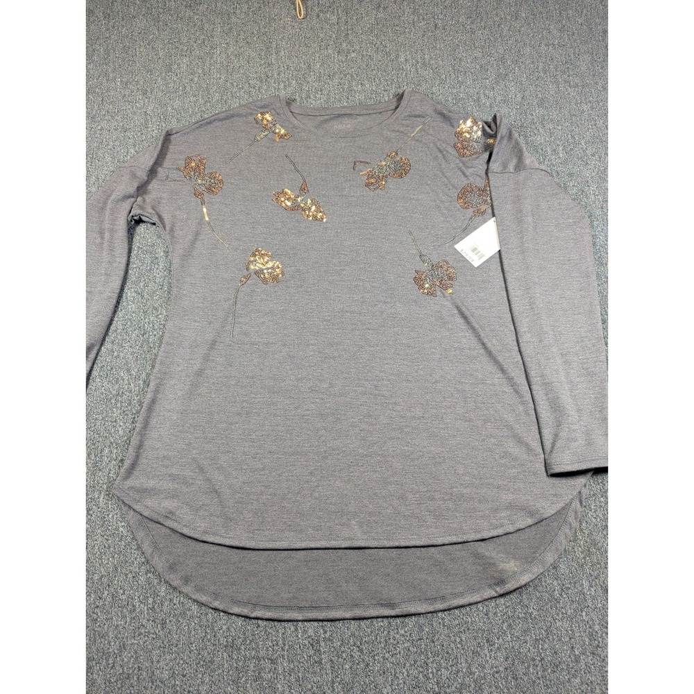 Apt. 9 Womens Sequin Floral Long Sleeve Top Heather Charcoal Gray Size M NEW